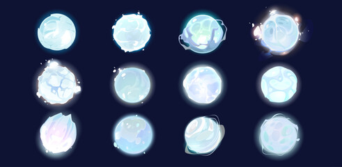 Frozen alien space planet cartoon fantasy set. Ice vector galaxy world icon isolated on dark background. Icy satellite sphere glowing illustration. Snow astronomy assets. Crystal meteor collection © klyaksun