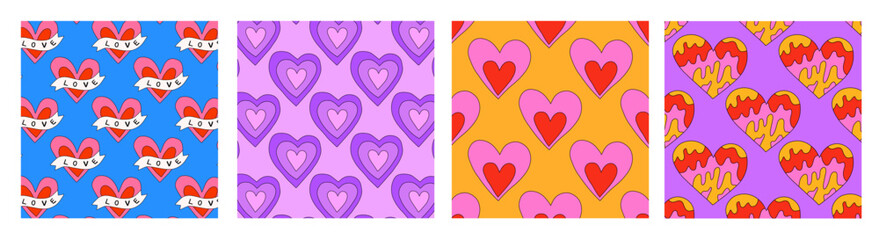 set of 1970 psychedelic seamless patterns. 1970s good vibes hearts ornaments collection. 1960 retro Valentine. Hippie peace and love. Funky and groove card. Trippy art.Hippie wallpaper background 