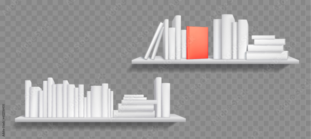 Poster white blank 3d book shelf cover library mockup. realistic vector wall bookshelf mock up isolated on 