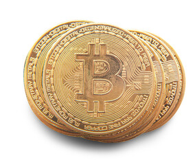 Close up golden coin with bitcoin symbol isolated on white background with clipping path