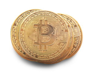 Close up golden coin with bitcoin symbol isolated on white background with clipping path