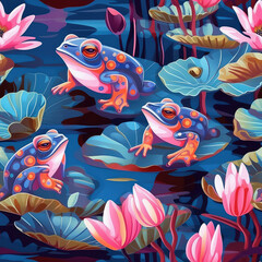 Frogs in a lily pond seamless repeat pattern - fantasy colorful cubism, abstract art, trippy psychedelic [Generative AI]