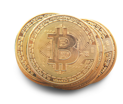 Close up golden coin with bitcoin symbol isolated on white background with clipping path