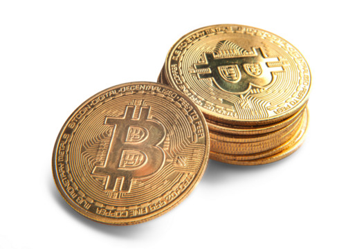 Close up golden coin with bitcoin symbol isolated on white background with clipping path