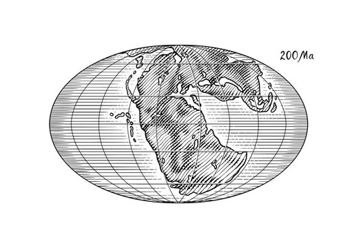 Plate tectonics on the planet Earth. Pangaea. Continental drift. Supercontinent at 200 Ma. Era of the dinosaurs. Jurassic period. Mesozoic. Hand drawn sketch for typography. Vintage engraving style.