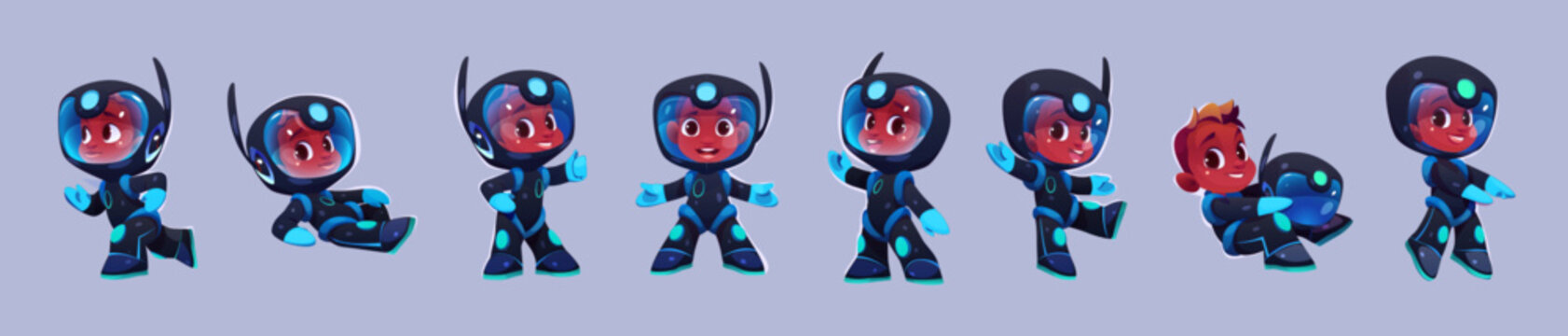 Black boy in space astronaut suit cartoon vector character. Cute little kid cosmonaut wear helmet and costume for flying, smile, lying and running clipart galaxy isolated astronut illustration set