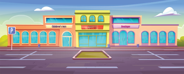 Vector car parking store building front exterior background. Grocery supermarket mall with street road outside cartoon commercial illustration. Entrance to local retail market for coffee or food © klyaksun