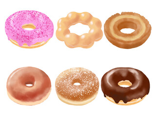 手描きドーナツ6種の水彩風イラスト
