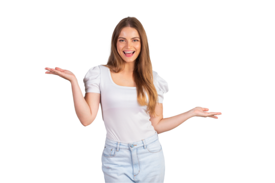 Blonde Brazilian woman with open arms, welcome.