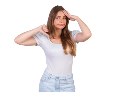 Blonde Brazilian woman sign of dislike. thumb down