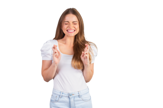 Blonde brazilian woman lucky sign, fingers crossed.