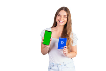 Blond Brazilian woman holding National Work and Social Security Card and smartphone. Translation in...