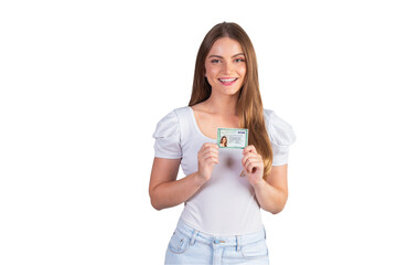 Blonde Brazilian woman holding RG, Identity Registration. Translation in English (National Identity...