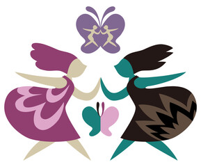 ドレスと着た双子の妖精と蝶々