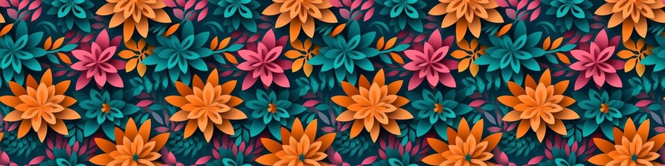 Abstract colorful seamless paper cut overlapping paper flower texture background banner panorama illustration summer spring  - Many floral flowers and leaves with gradient, top view, Generative Ai