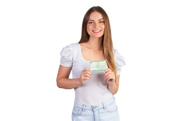 Blonde Brazilian woman holding voter registration card. Translation in English (electoral card)