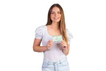 Blonde Brazilian woman holding voter registration card. Translation in English (electoral card)