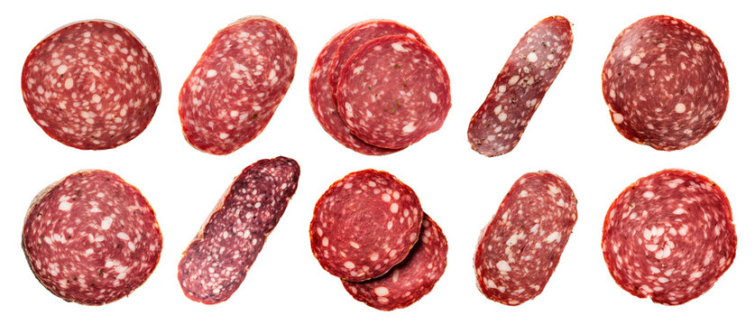 set of isolated illustrations of salami slices. Created with Generative AI