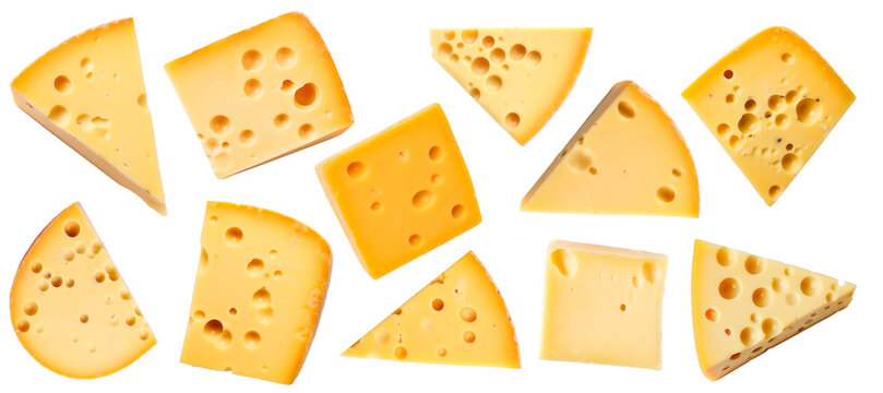 set of isolated illustrations of cheese parts. Created with Generative AI
