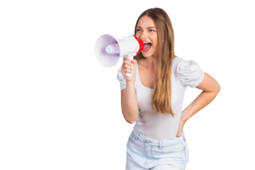 Blonde Brazilian woman holding megaphone, announcing promotion.