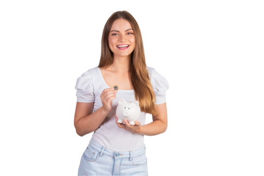 Blonde brazilian woman holding piggy bank and coin.