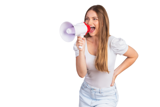Blonde Brazilian woman holding megaphone, announcing promotion.