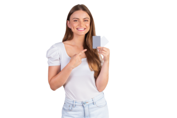 Blonde Brazilian woman presenting credit cards.