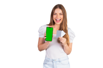 Blonde Brazilian woman showing smartphone and credit cards.
