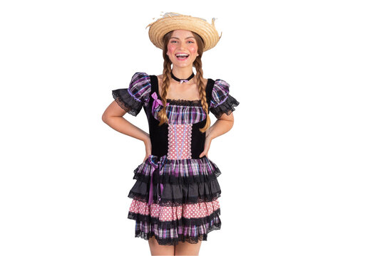 Blonde Brazilian woman, June party clothes, arraial. Hands on hips.