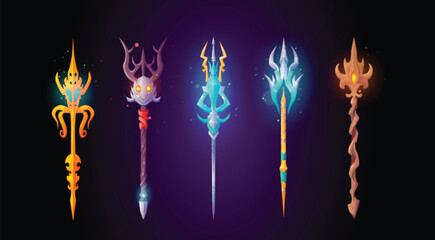 Magic staff icon. Devil trident and spear cartoon fantasy ui set. Gold mythology pitchfork for demon illustration. Magician blue neptune weapon with arrow isolated. Warlock lance for game interface - obrazy, fototapety, plakaty