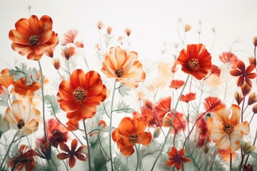 Fototapeta na wymiar A minimalist watercolor spring floral background featuring red and orange flowers. Great for postcards and invitations. 3D artwork. Generative AI