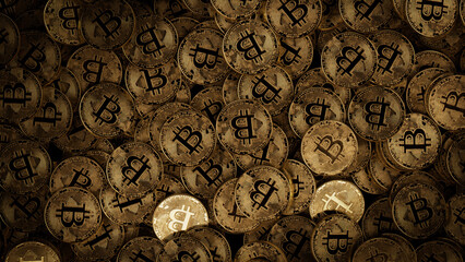 Bitcoin Cryptocurrency represented as Gold Coins. Blockchain Finance Wallpaper. 3D Render.