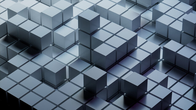 Grey, Glossy Blocks Perfectly Constructed to create a Contemporary Tech Wallpaper. 3D Render.