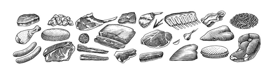 Red meat products. Veal beef, ribs, Bacon, jamon, mortadella, lamb beef Steak, pork sausage, chicken legs, sirloin, brisket Butchery food Hand drawn Vintage sketch. Products for label, restaurant menu