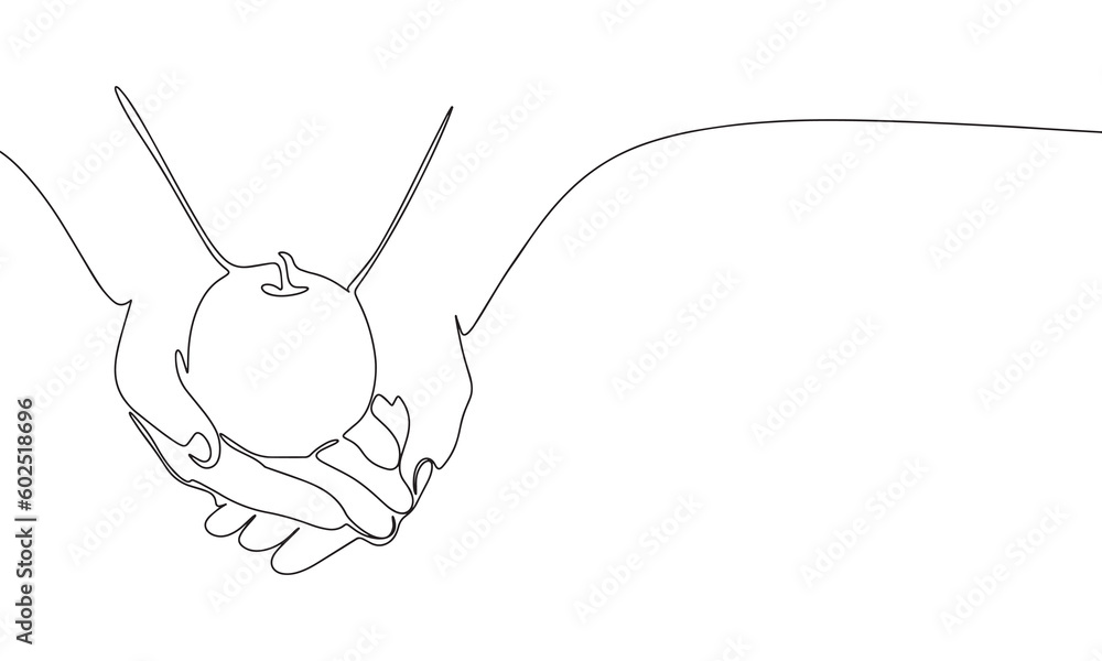 Poster one continuous line illustration of apple in hands. continuous line drawing of apple in hand. vector