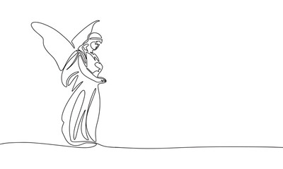 One continuous line illustration of angel as woman. Continuous line drawing of woman angel with wings. Vector illustration.