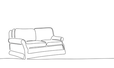 One continuous line illustration of cozy sofa. Continuous line drawing of furniture of home, sofa. Vector illustration.