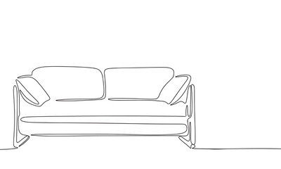 One continuous line illustration of furniture of living room. Continuous line drawing of modern sofa. Vector illustration.