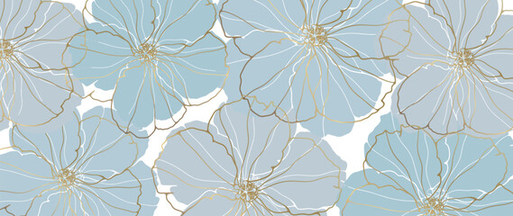 Abstract luxury floral background with pale blue flowers and golden elements. Background for decor, covers, wallpapers, postcards and presentations