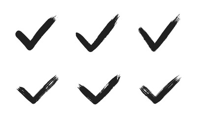 Dirty grunge hand drawn tick v with brush strokes vector illustration set isolated on white background graphic design. Check mark symbol YES button for vote in check box, web, etc.