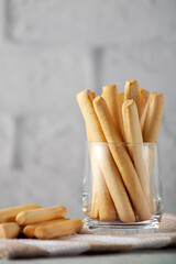 Italian grissini or salted bread sticks. Fresh italian snack.