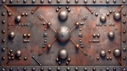 Generative Ai. a close up of a metal plate with rivets and screws