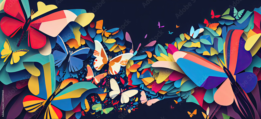 Wall mural abstract colorful butterfly wallpaper background header (generative ai)