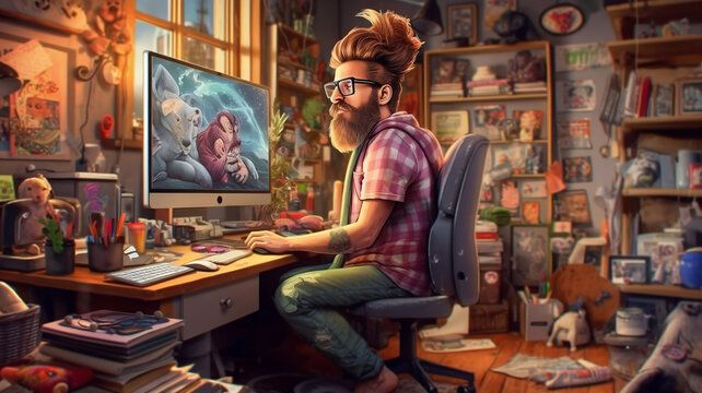 Hipster man working in his eclectic home office filled with images and books. Generative AI illustration.