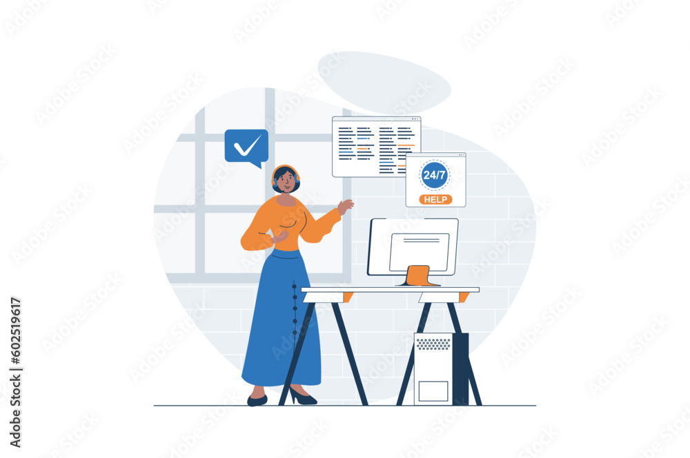 Poster customer support web concept with character scene. woman advising clients and answering calls and me