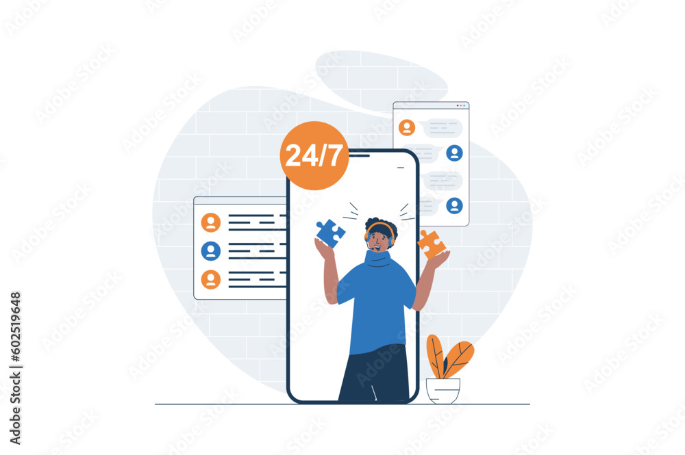 Poster customer support web concept with character scene. man finds solutions and consults clients a mobile