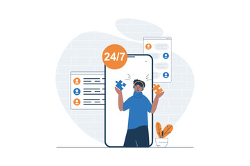 Customer support web concept with character scene. Man finds solutions and consults clients a mobile app. People situation in flat design. Vector illustration for social media marketing material.