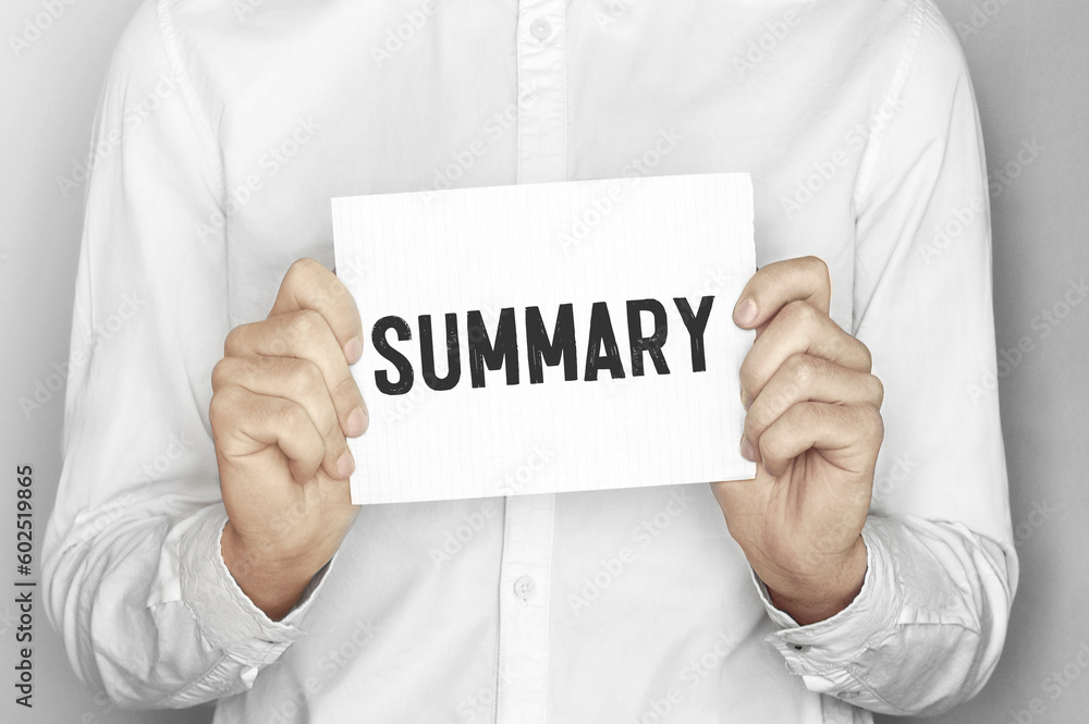 Poster man holding a paper card with text summary