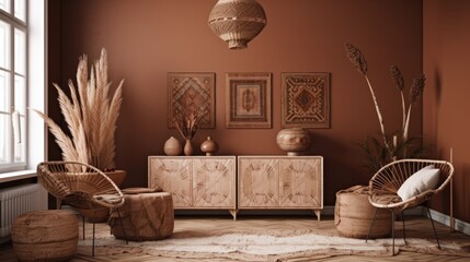 Ethnic Interior Design Background. Stylish Living Room. Generative AI.