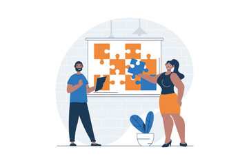 Teamwork web concept with character scene. Man and woman collecting puzzles and working together at project. People situation in flat design. Vector illustration for social media marketing material.